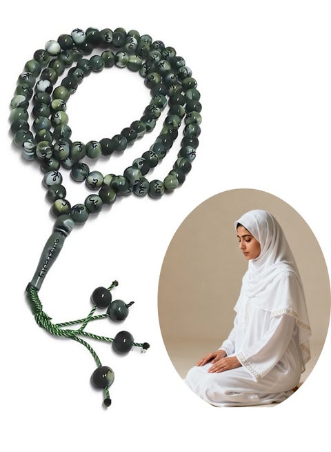 Muslim Tasbih 99 Rosay Beads AMN-184 Islam Prayer dhikr Misbaha with Allah Muhammad Names Engraved on Islamic Religion Eid Ramadan Gift Green