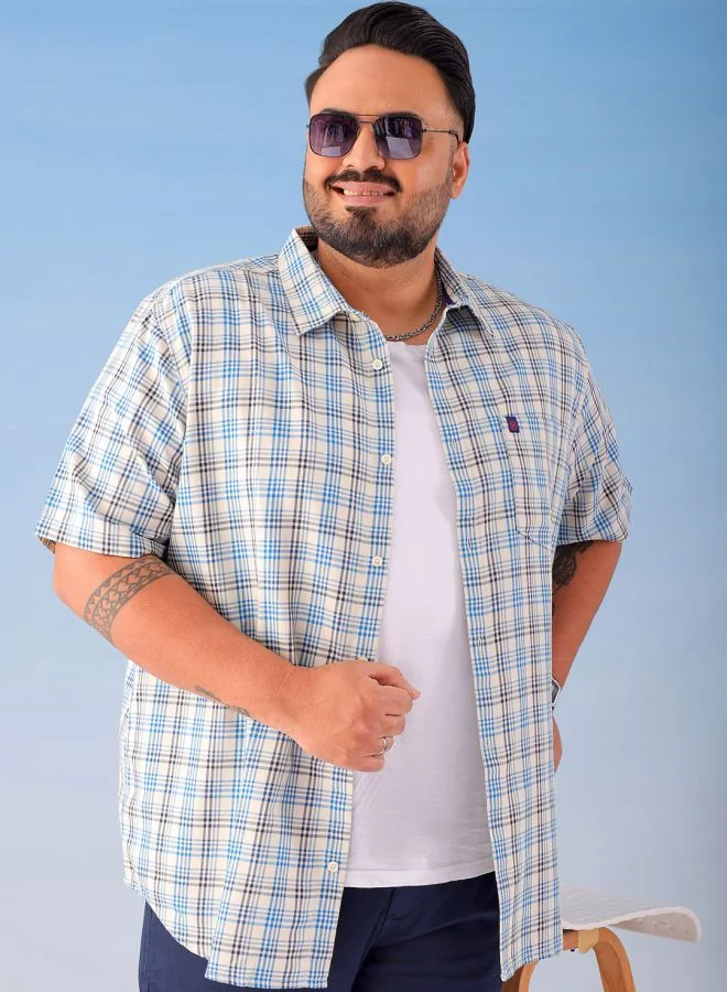 HARDSODA Men Plus Size Regular Fit Checkered Cutaway Collar Half Sleeves Casual Shirt