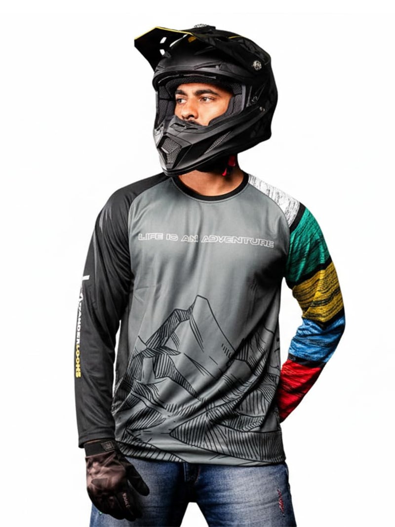 WANDERLOOMS Himalayan High Jersey Tshirt for Men | Graphic Printed Round Neck Full Sleeve Riding Jersey for Bikers | Sports Tshirt for Men Grey - Image 1