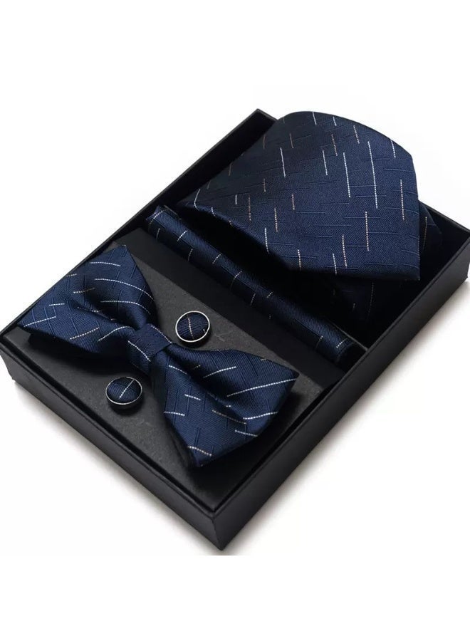 AuliceVerse Ties for men - Navy Blue Necktie, Bow Tie, Pocket Square & Cufflinks Gift Box for Wedding, Business & Party - Image 3