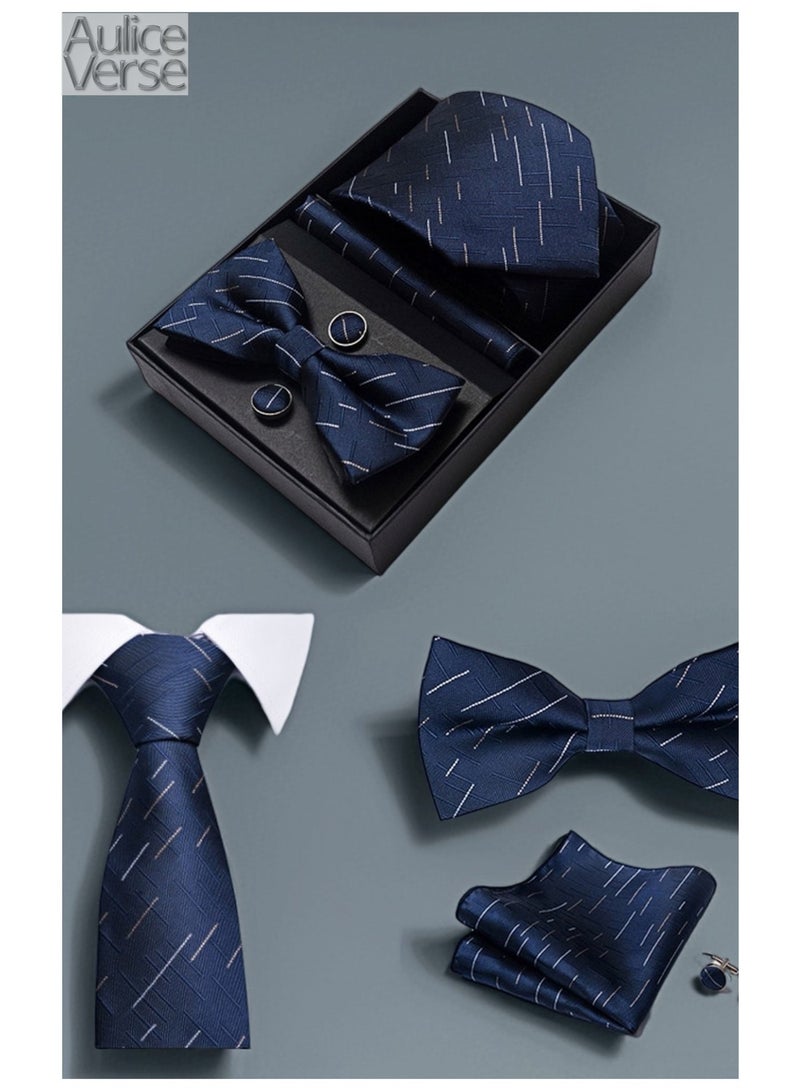 AuliceVerse Ties for men - Navy Blue Necktie, Bow Tie, Pocket Square & Cufflinks Gift Box for Wedding, Business & Party - Image 2