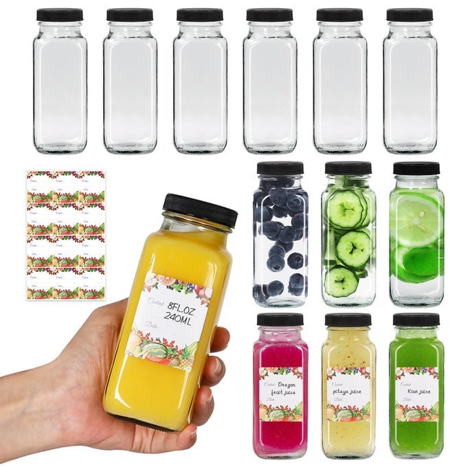 8 OZ GLASS JUICE BOTTLES WITH LIDS 12PACK 240ML SQUARE REUSABLE DRINKING BOTTLES FOR JUICING WATER KOMBUCHA JUICES MILK BEVERAGES AND MORE 8FLOZ SET OF 12