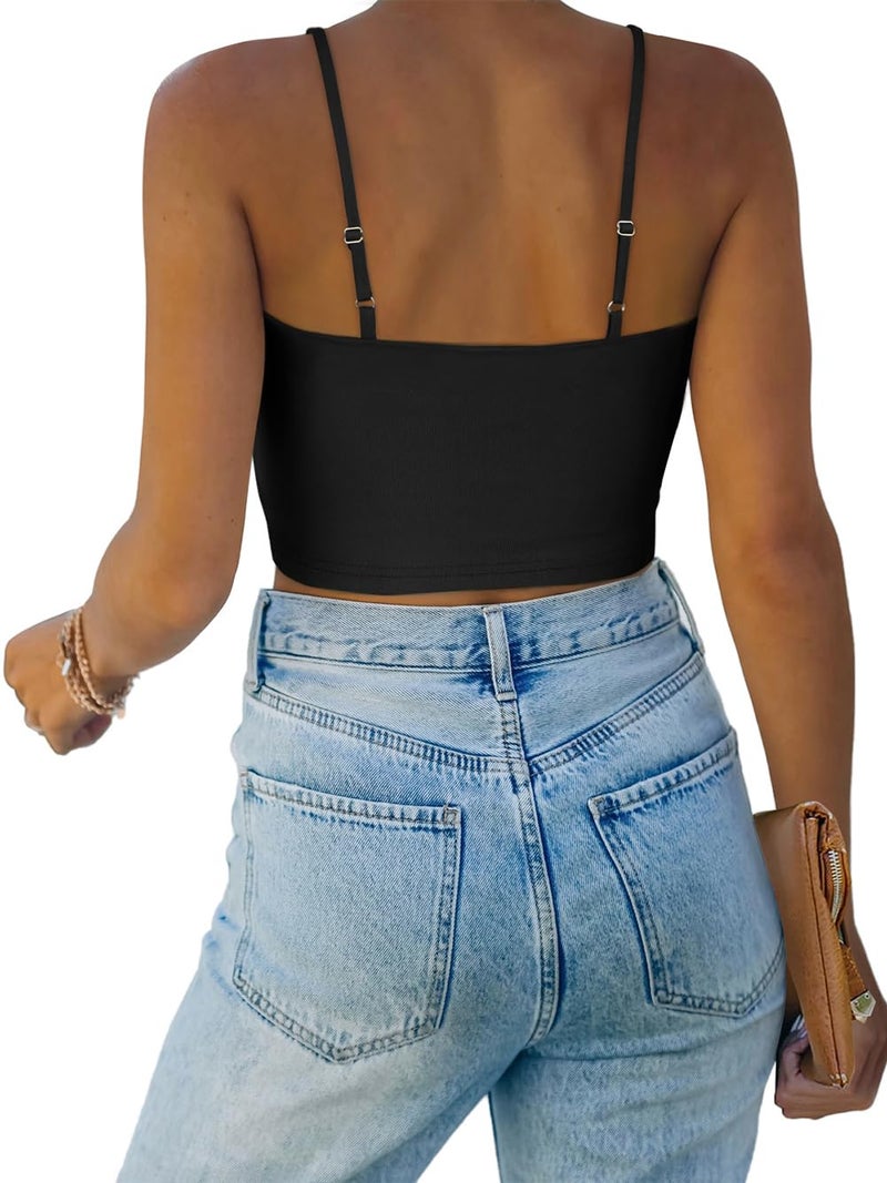 REORIA Women's Summer Sexy Casual Deep Scoop Neck Double Lined Adjustable Spaghetti Strap Cami Camisole Seamless Sleeveless Cropped Tank Top Cute Yoga Crop Tops Black Small - Image 2