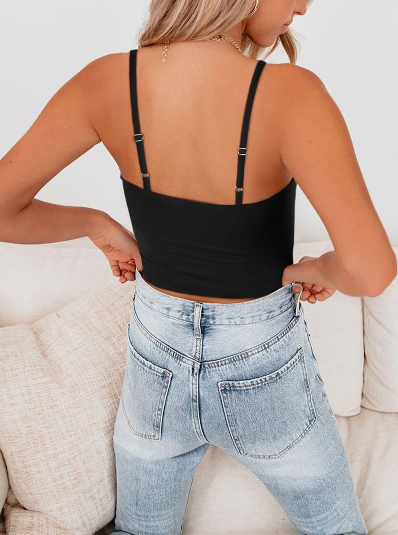 REORIA Women's Summer Sexy Casual Deep Scoop Neck Double Lined Adjustable Spaghetti Strap Cami Camisole Seamless Sleeveless Cropped Tank Top Cute Yoga Crop Tops Black Small - Image 3