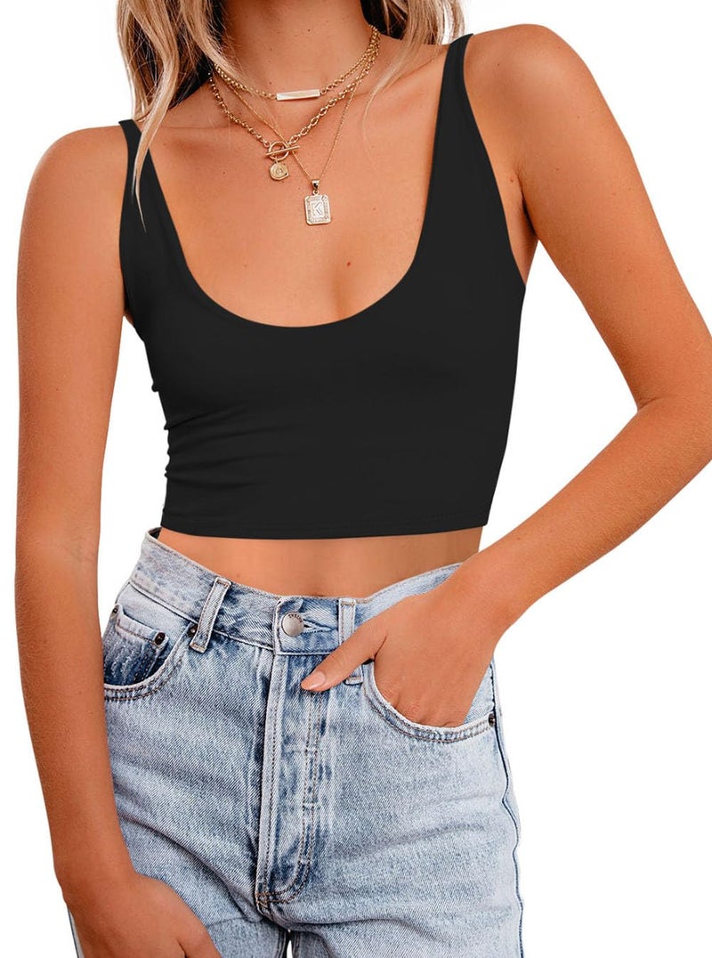 REORIA Women's Summer Sexy Casual Deep Scoop Neck Double Lined Adjustable Spaghetti Strap Cami Camisole Seamless Sleeveless Cropped Tank Top Cute Yoga Crop Tops Black Small - Image 4