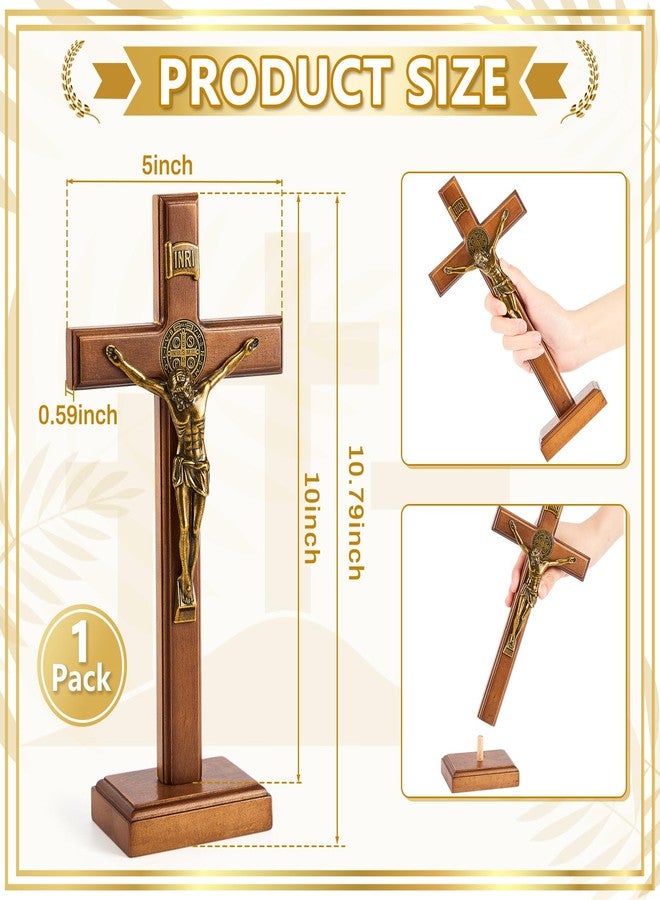 Leinuosen 10 Inch Wood Cross Crucifix Wall and Table Catholic Wooden Crosses Standing Cross Decor Jesus Christ Decoration for Home Baptism Communion Church (Golden,1 Pcs) - Image 2