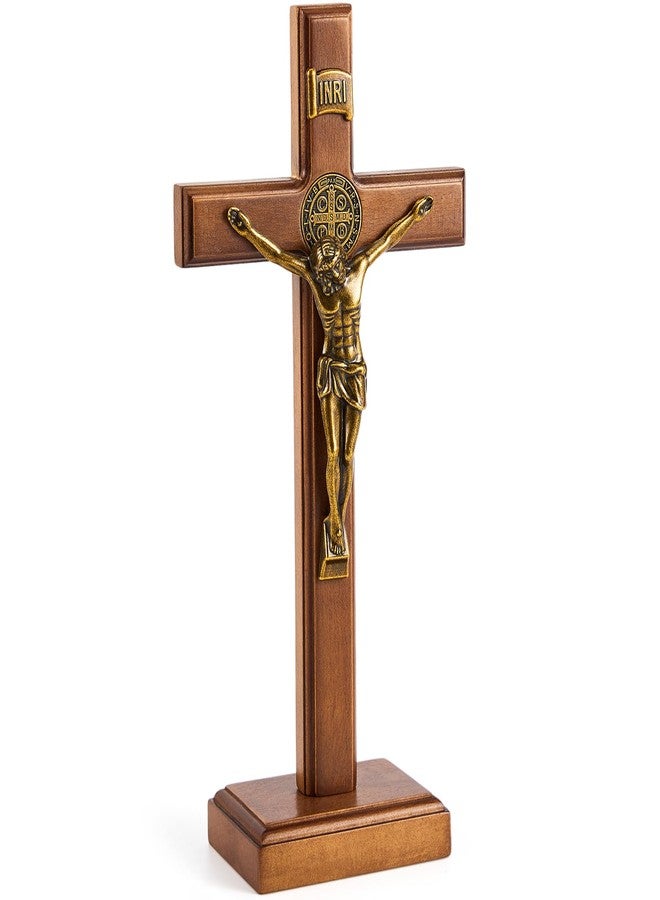 Leinuosen 10 Inch Wood Cross Crucifix Wall and Table Catholic Wooden Crosses Standing Cross Decor Jesus Christ Decoration for Home Baptism Communion Church (Golden,1 Pcs) - Image 1