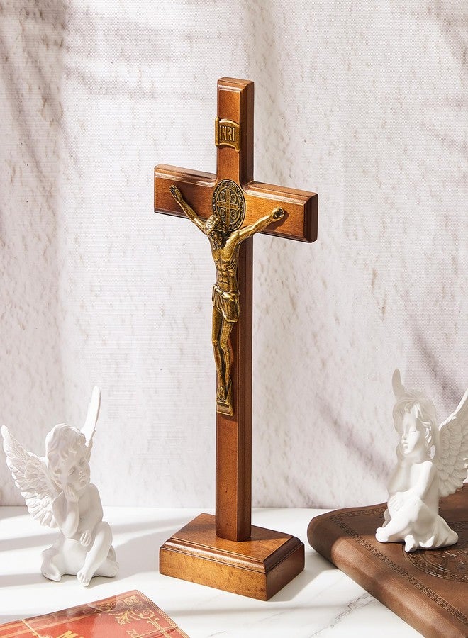 Leinuosen 10 Inch Wood Cross Crucifix Wall and Table Catholic Wooden Crosses Standing Cross Decor Jesus Christ Decoration for Home Baptism Communion Church (Golden,1 Pcs) - Image 4