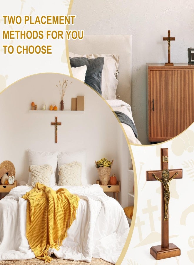 Leinuosen 10 Inch Wood Cross Crucifix Wall and Table Catholic Wooden Crosses Standing Cross Decor Jesus Christ Decoration for Home Baptism Communion Church (Golden,1 Pcs) - Image 3