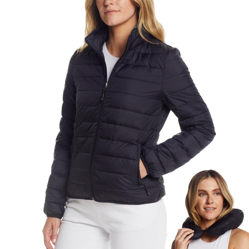 Weatherproof Women's Packable Puffer Jacket with Travel Neck Pillow - Lightweight, Warm, Water-Resistant Down Jacket (Medium) Black | Quilted, Packable Travel Jacket with Long Zipper - Image 1