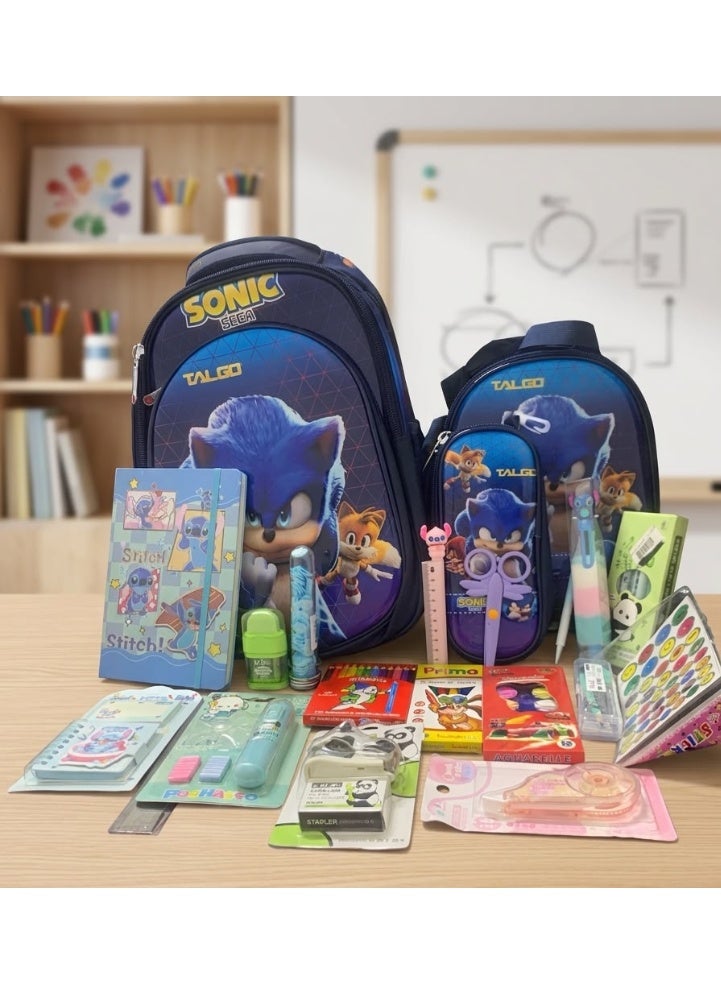 20-piece school supplies set (3-zipper bag + lunchbox + pencil case + 6-point ballpoint pen + mechanical pencil + compass + watercolors + colored pencils + felt-tip pen + correction fluid + stapler + staples + eraser *12 replacements + ruler + notebook + sketchbook + sharpener + soap strips + 10-color pen + scissors + cardboard gel pen)