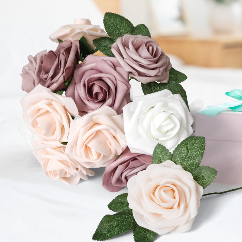 Exoment 25pcs Artificial Flower Foam Rose Real Touch Roses Flower Heads with Stem for DIY Wedding Bouquets Centerpieces Arrangements Party Baby Shower Home Decor (Shades of Dusty Rose) - Image 2