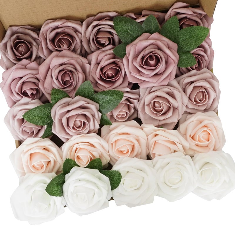 Exoment 25pcs Artificial Flower Foam Rose Real Touch Roses Flower Heads with Stem for DIY Wedding Bouquets Centerpieces Arrangements Party Baby Shower Home Decor (Shades of Dusty Rose) - Image 1