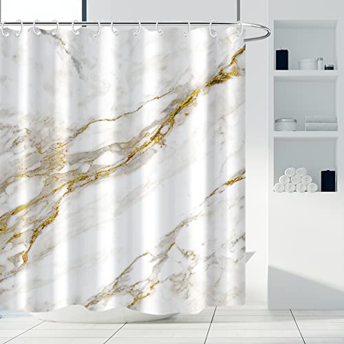 AWERT Abstract Minimalism White and Gold Ink Art Marble Shower Curtain for Bathroom Modern High Definition Printing Waterproof Shower Curtain with Hooks Bathroom Decor 72x72inch - Image 1