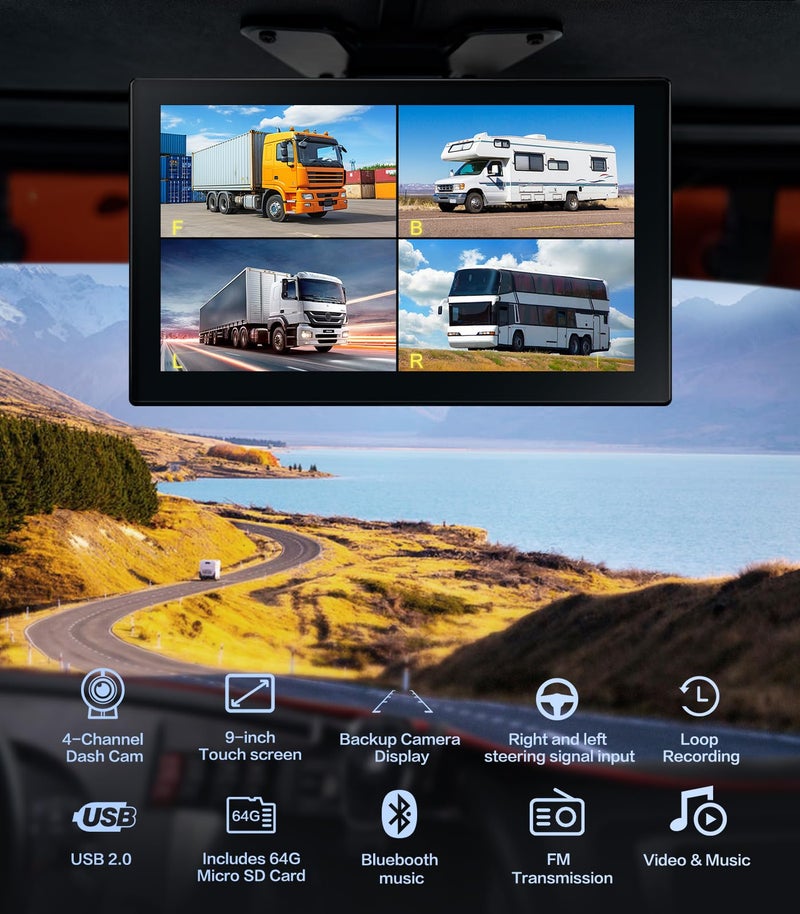 Seventour 4-Channel 1080p Backup Camera Dash Cam with 10.2'' Screen, DVR Recording Back Up Cam for RV/Truck/Trailer/Van/SUV/Cars, Quad Split Parking Monitor with Playback/Bluetooth/FM Radio/Music/Video Player - Image 2