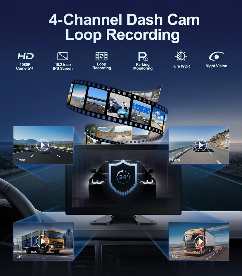 Seventour 4-Channel 1080p Backup Camera Dash Cam with 10.2'' Screen, DVR Recording Back Up Cam for RV/Truck/Trailer/Van/SUV/Cars, Quad Split Parking Monitor with Playback/Bluetooth/FM Radio/Music/Video Player - Image 3