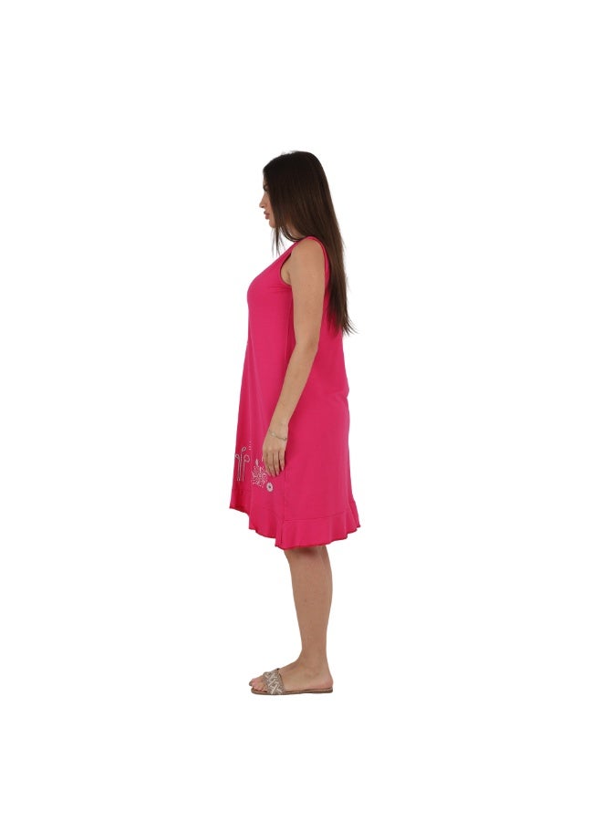 ZECOTEX Premium Cotton Home Dress - Elegant Embroidered Sleeveless Casual Loungewear Knee-Length Midi Dress with Ruffled Hem - M to 4XL - Hot Pink / Fuchsia - Image 2