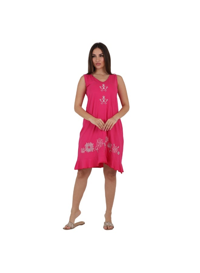 ZECOTEX Premium Cotton Home Dress - Elegant Embroidered Sleeveless Casual Loungewear Knee-Length Midi Dress with Ruffled Hem - M to 4XL - Hot Pink / Fuchsia - Image 4