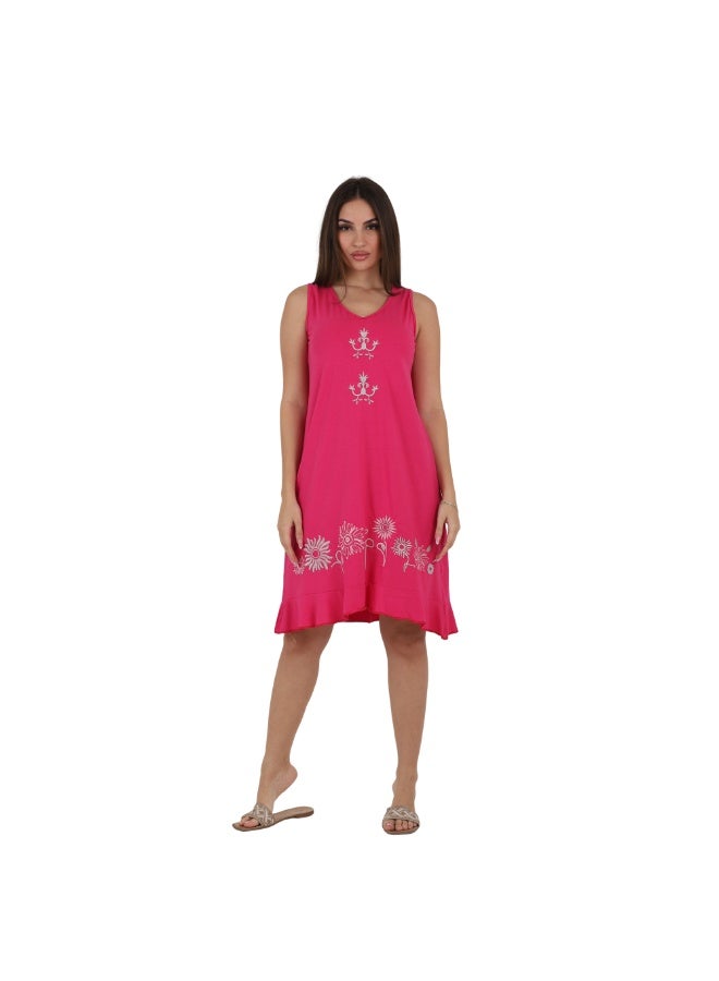 ZECOTEX Premium Cotton Home Dress - Elegant Embroidered Sleeveless Casual Loungewear Knee-Length Midi Dress with Ruffled Hem - M to 4XL - Hot Pink / Fuchsia - Image 1