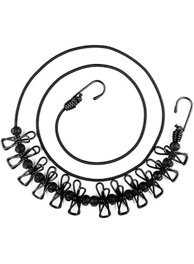 هواتور حبل غسيل للسفر، حبل غسيل محمول قابل للسحب مع 12 قطعة من مشابك الغسيل لتجفيف الغسيل في الاماكن المغلقة، ملحقات التخييم في الهواء الطلق، اسود - Image 1