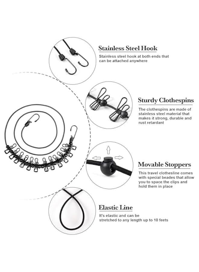 هواتور حبل غسيل للسفر، حبل غسيل محمول قابل للسحب مع 12 قطعة من مشابك الغسيل لتجفيف الغسيل في الاماكن المغلقة، ملحقات التخييم في الهواء الطلق، اسود - Image 2