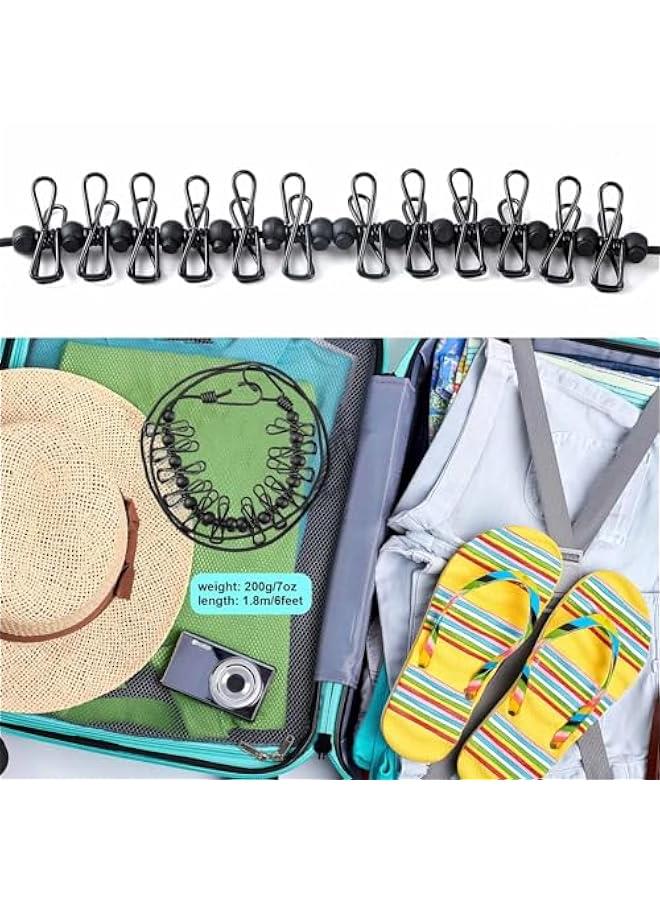 هواتور حبل غسيل للسفر، حبل غسيل محمول قابل للسحب مع 12 قطعة من مشابك الغسيل لتجفيف الغسيل في الاماكن المغلقة، ملحقات التخييم في الهواء الطلق، اسود - Image 4