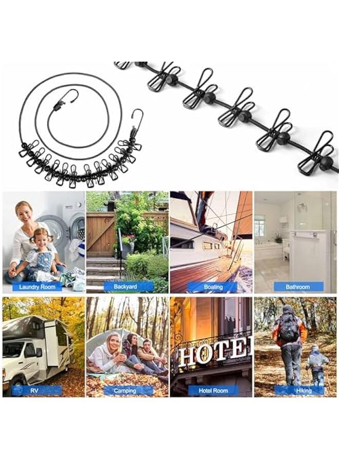 هواتور حبل غسيل للسفر، حبل غسيل محمول قابل للسحب مع 12 قطعة من مشابك الغسيل لتجفيف الغسيل في الاماكن المغلقة، ملحقات التخييم في الهواء الطلق، اسود - Image 5