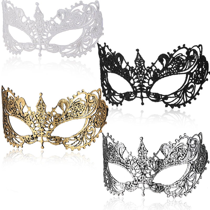 Wullina Masquerade Mask 4Pcs Mysterious Lace Black Gold Silver Masquerade Masks for Women Men Couples Prom Costumes - Image 1