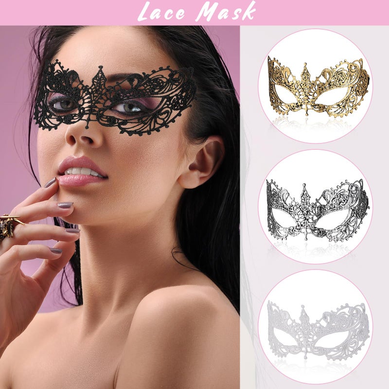 Wullina Masquerade Mask 4Pcs Mysterious Lace Black Gold Silver Masquerade Masks for Women Men Couples Prom Costumes - Image 4