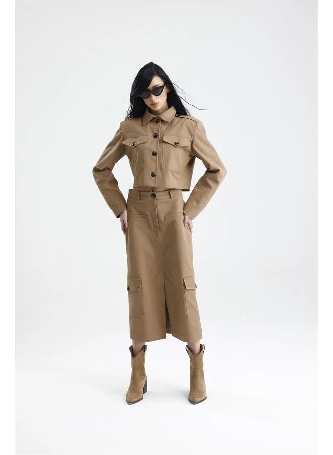 GACACOLLECTION EDESSA two-piece gabardine mini jacket with long pocketed skirt autumn set.