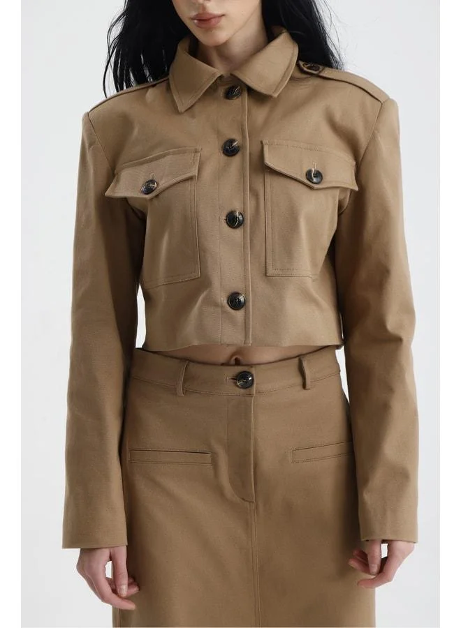 GACACOLLECTION EDESSA two-piece gabardine mini jacket with long pocketed skirt autumn set.