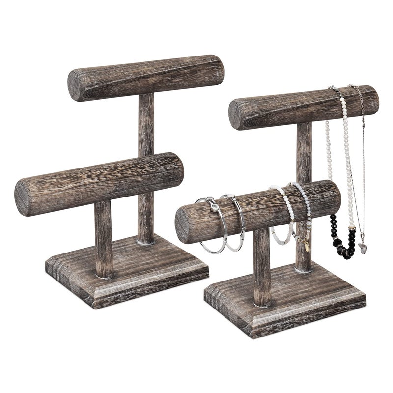 MOOCA 2 Pcs 2 Tier Space Saving Wooden Bracelet Holder Stand Bracelet Display Stand For Selling Watch Display Free assembly Coffee Color