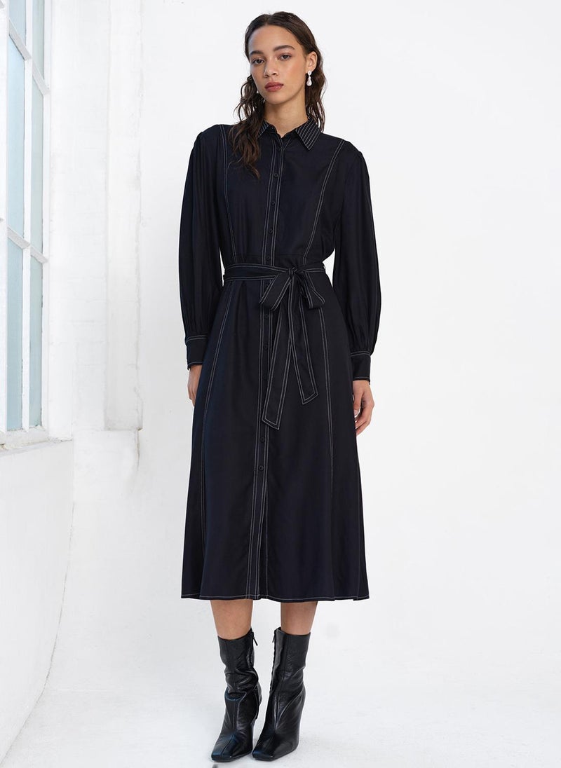 French Connection Women's Black/Porcelain Crea Rochelle Midi Shirt Dress - Image 1