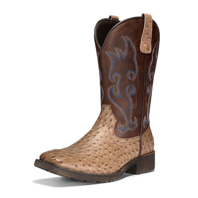 TruVeld Cowboy Boots For Men Western Boots For Men Square Toe Ostrich Boots Exotic Skin, Men's Cowboy Boots Dress Trendy Slip Resistant Mid-Calf Embroidered Pull On Classic Boots, Botas Vaqueras Para Hombre - Image 1