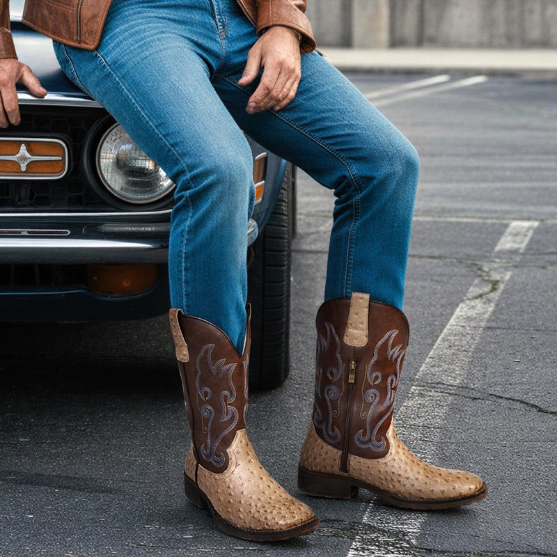 TruVeld Cowboy Boots For Men Western Boots For Men Square Toe Ostrich Boots Exotic Skin, Men's Cowboy Boots Dress Trendy Slip Resistant Mid-Calf Embroidered Pull On Classic Boots, Botas Vaqueras Para Hombre - Image 2
