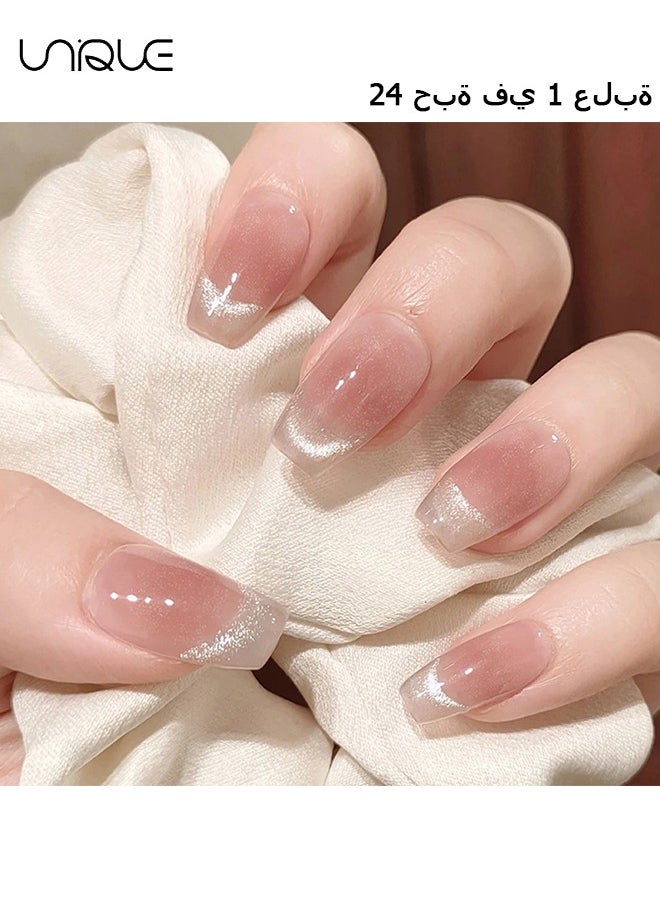 Unique 24 Pcs Fake Nails - Mid-length Ballet Manicure - Shiny Manicure - French Blush Cat's Eye Manicure - Fake Nail Patch  - Image 1