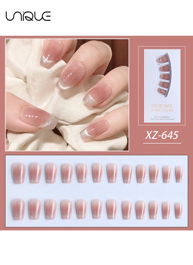 Unique 24 Pcs Fake Nails - Mid-length Ballet Manicure - Shiny Manicure - French Blush Cat's Eye Manicure - Fake Nail Patch  - Image 2