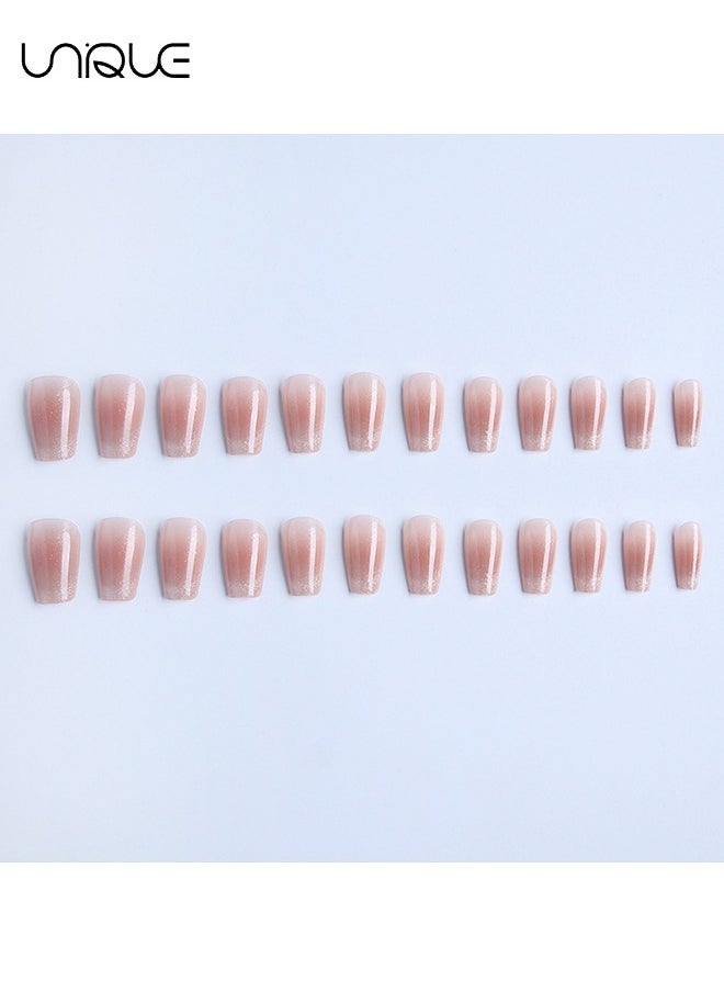 Unique 24 Pcs Fake Nails - Mid-length Ballet Manicure - Shiny Manicure - French Blush Cat's Eye Manicure - Fake Nail Patch  - Image 4