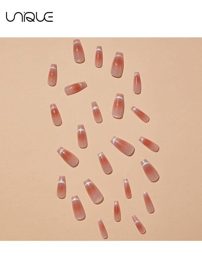 Unique 24 Pcs Fake Nails - Mid-length Ballet Manicure - Shiny Manicure - French Blush Cat's Eye Manicure - Fake Nail Patch  - Image 3