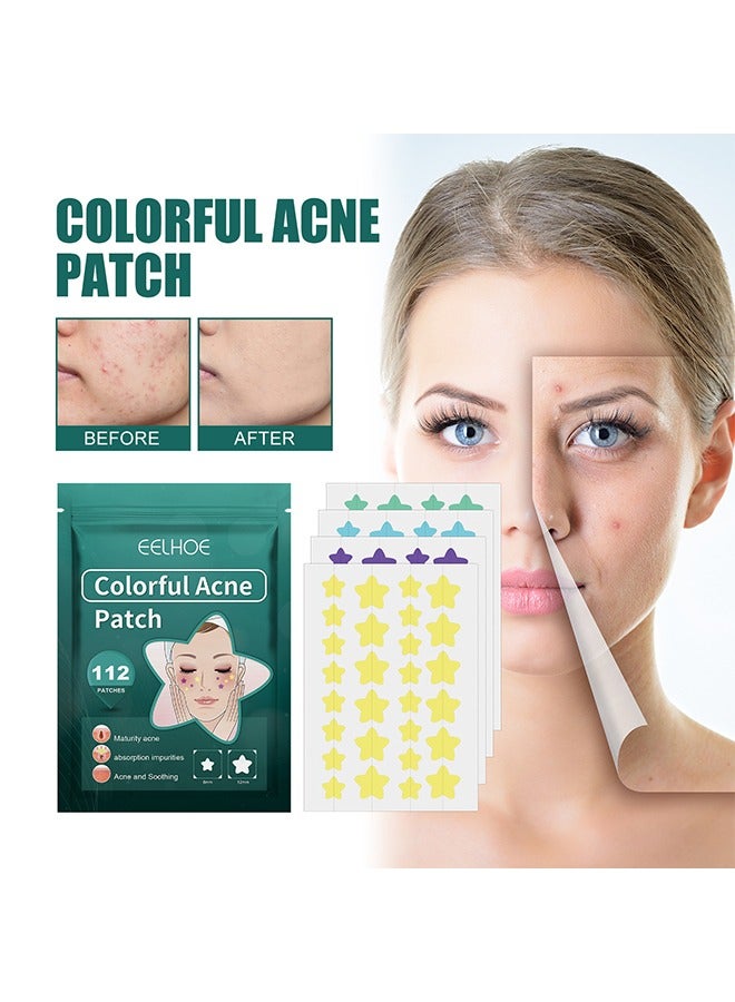 EELHOE Colorful Acne Patch, Star-Shaped Acne Patch Repair Acne Acne Fade Spots Acne Prints Cover Acne Acne Repair Patch, Star Pimples Repair Acne Blemish Blemish Mark Cover pimples Repair Patch 112 Patches - Image 1