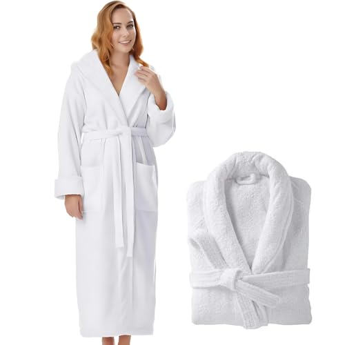 KAHAF COLLECTION مجموعة كاهف رداء تيري قطن للنساء والرجال، رداء حمام خفيف الوزن بياقة تيري، بطول كامل، مقاس واحد - يونيسكس رداء سبا للرجال والنساء (قطن، أبيض) - Image 2