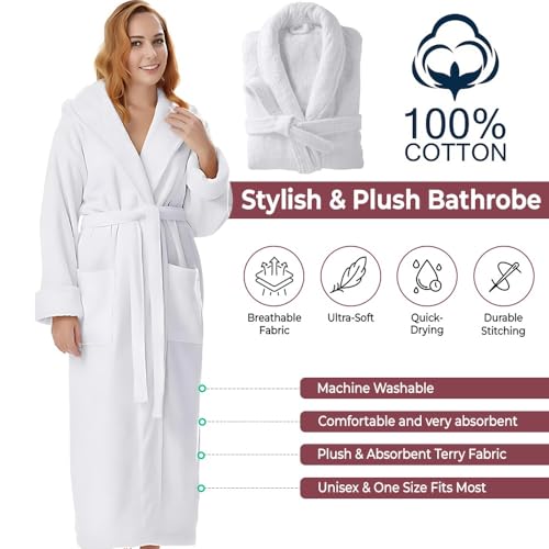 KAHAF COLLECTION مجموعة كاهف رداء تيري قطن للنساء والرجال، رداء حمام خفيف الوزن بياقة تيري، بطول كامل، مقاس واحد - يونيسكس رداء سبا للرجال والنساء (قطن، أبيض) - Image 3