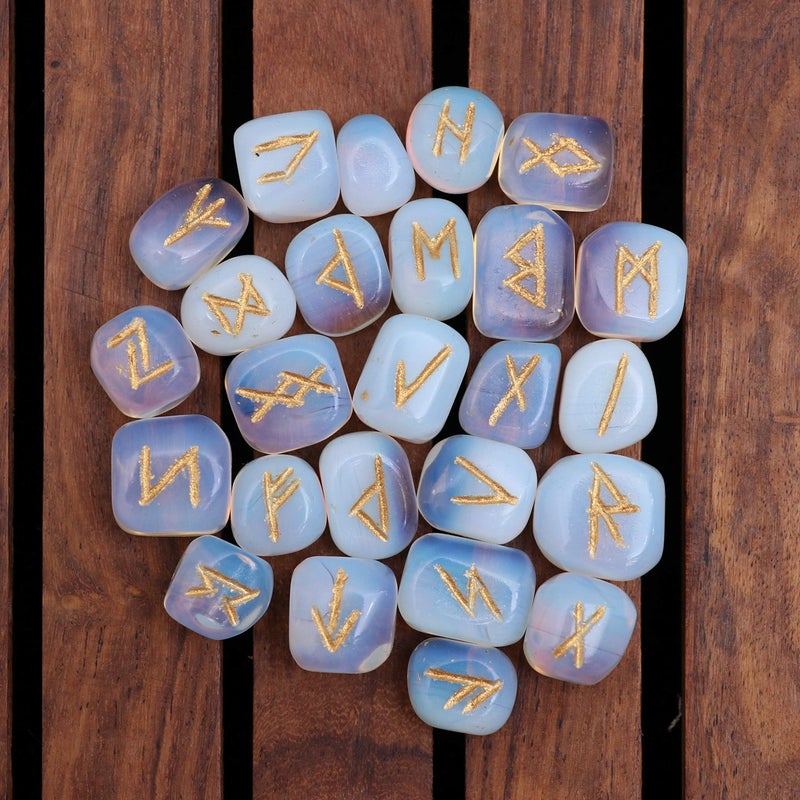 Crocon Crocon Opalite Engraved Rune Stones Set 25 Pcs for Beginners with Elder Futhark Alphabets for Healing Chakra Crystals Reiki feng Shui Runes Set with a Pouch  Rune Size 1520 mm 