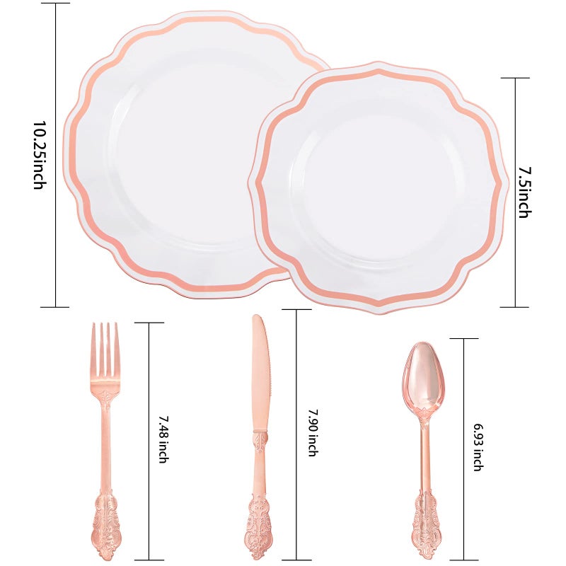 NOCCUR 150PCS Rose Gold Plastic Plates&Rose Gold Silverware-Include 30Dinner Plates  30Salad plates  90 Disposable Rose Gold Utensils- Ideal for Weddings  Party Shower - Image 3
