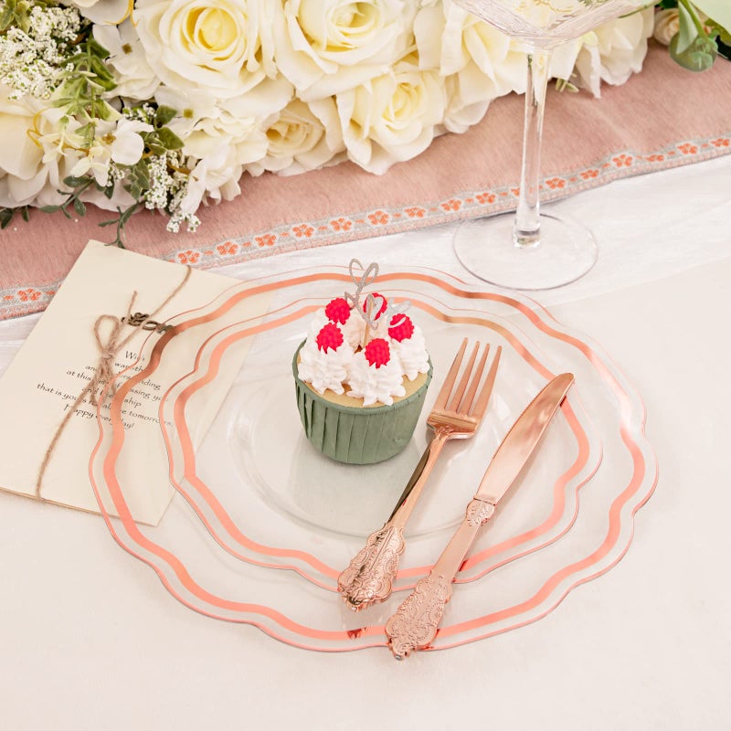 NOCCUR 150PCS Rose Gold Plastic Plates&Rose Gold Silverware-Include 30Dinner Plates  30Salad plates  90 Disposable Rose Gold Utensils- Ideal for Weddings  Party Shower - Image 2