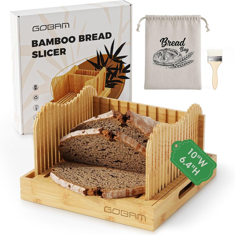 GOBAM Adjustable Bamboo Bread Slicer for Large Sourdough & Homemade Bread, 10” Wide, 3 Thickness Settings, Crumb Catcher & Serving Tray, Foldable & Easy to Clean, Ideal Gift for Bakers & Bread Lovers - Image 1