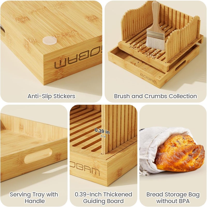 GOBAM Adjustable Bamboo Bread Slicer for Large Sourdough & Homemade Bread, 10” Wide, 3 Thickness Settings, Crumb Catcher & Serving Tray, Foldable & Easy to Clean, Ideal Gift for Bakers & Bread Lovers - Image 5