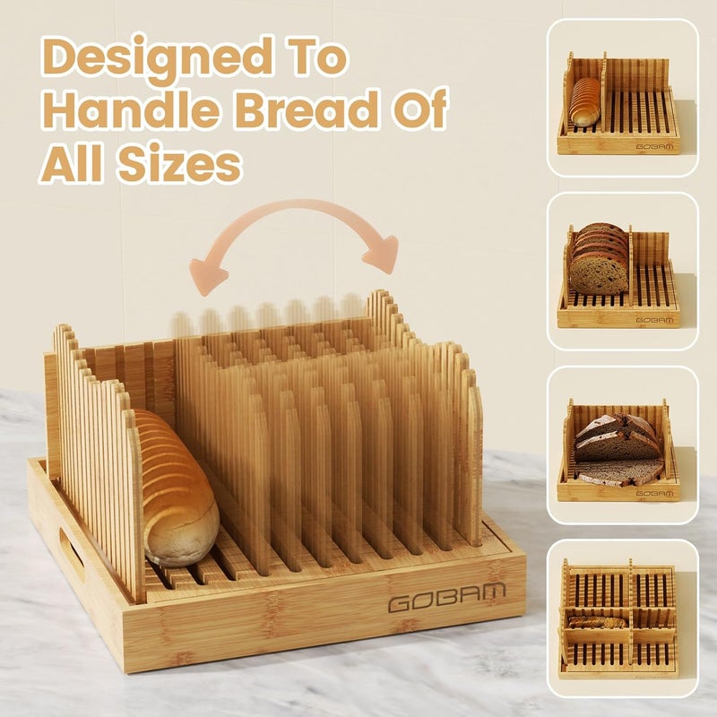 GOBAM Adjustable Bamboo Bread Slicer for Large Sourdough & Homemade Bread, 10” Wide, 3 Thickness Settings, Crumb Catcher & Serving Tray, Foldable & Easy to Clean, Ideal Gift for Bakers & Bread Lovers - Image 3