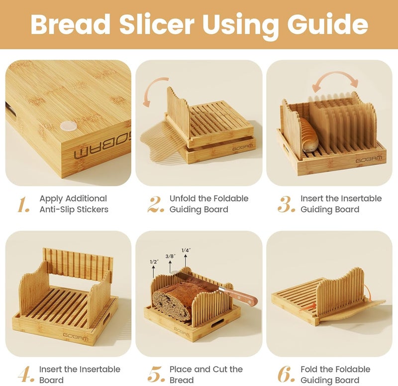 GOBAM Adjustable Bamboo Bread Slicer for Large Sourdough & Homemade Bread, 10” Wide, 3 Thickness Settings, Crumb Catcher & Serving Tray, Foldable & Easy to Clean, Ideal Gift for Bakers & Bread Lovers - Image 4