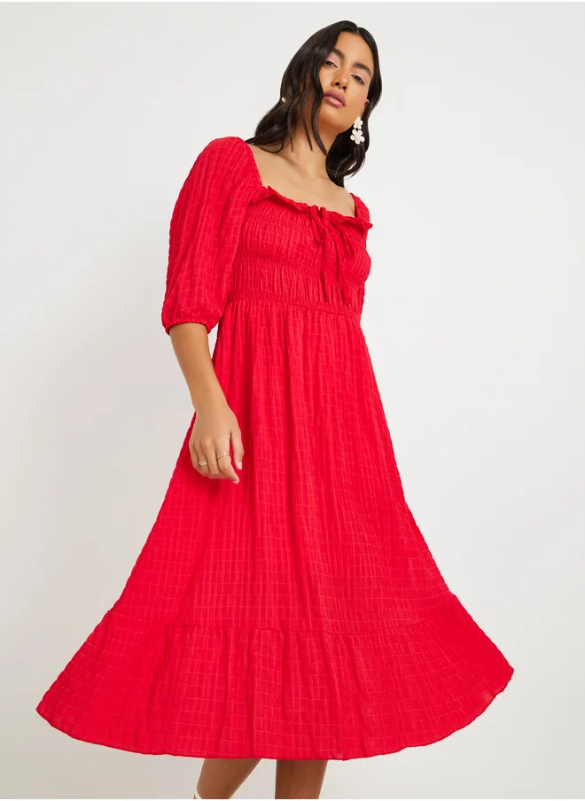 ستايلي Texture Square Collar Ruffle Trim Midi Dress